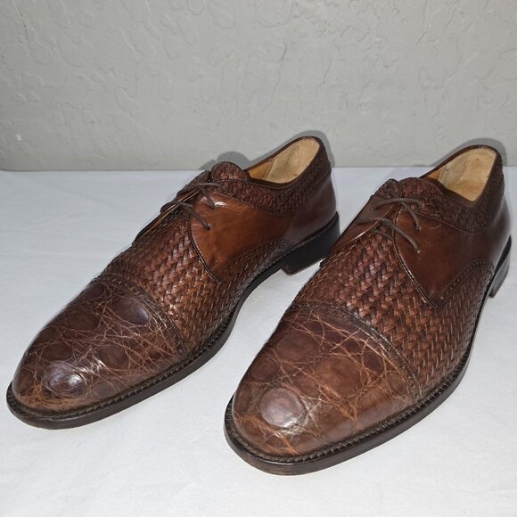 Mezlan Salinas Brown Woven Leather & Crocodile Cap Toe Oxfords Men's Size 10 M - Picture 6 of 10